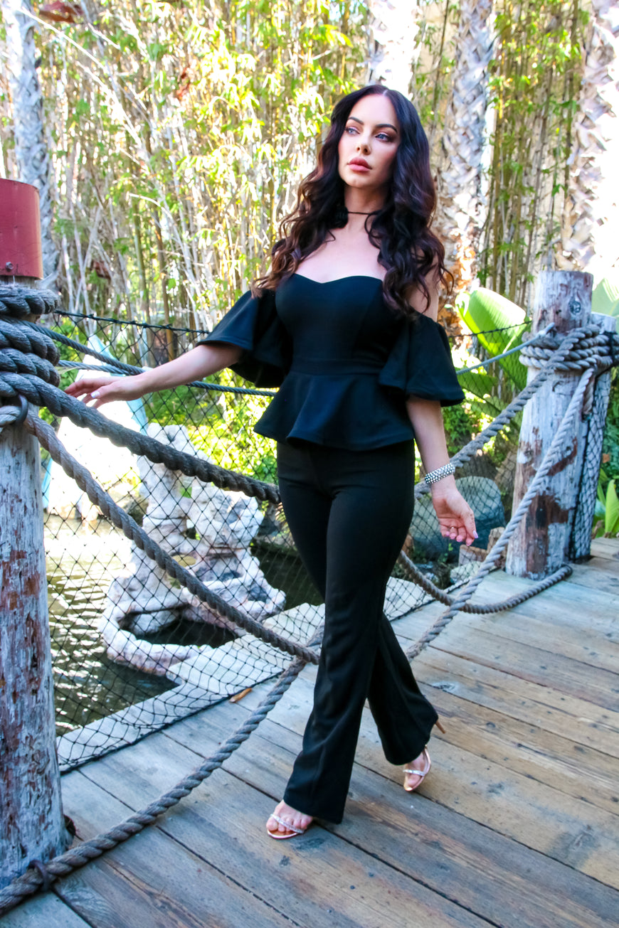 Off The Shoulder Peplum Top & Flare Leg Jumpsuit: Talk To Me Nice