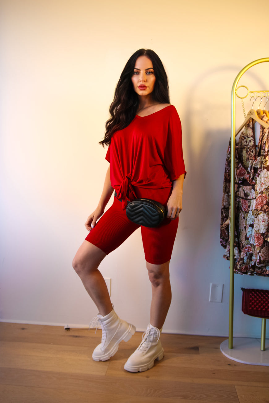 Ribbed Shorts Set: On The Go Front Tie Top in Burgundy