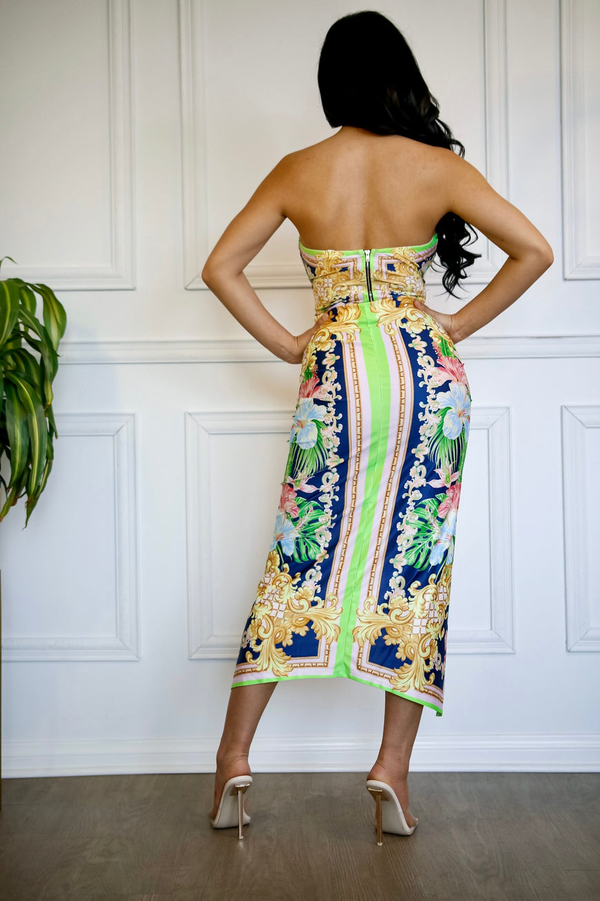 Tempted To Touch Scarf Print Bandeau Top and Slit Bodycon Skirt Set In Green