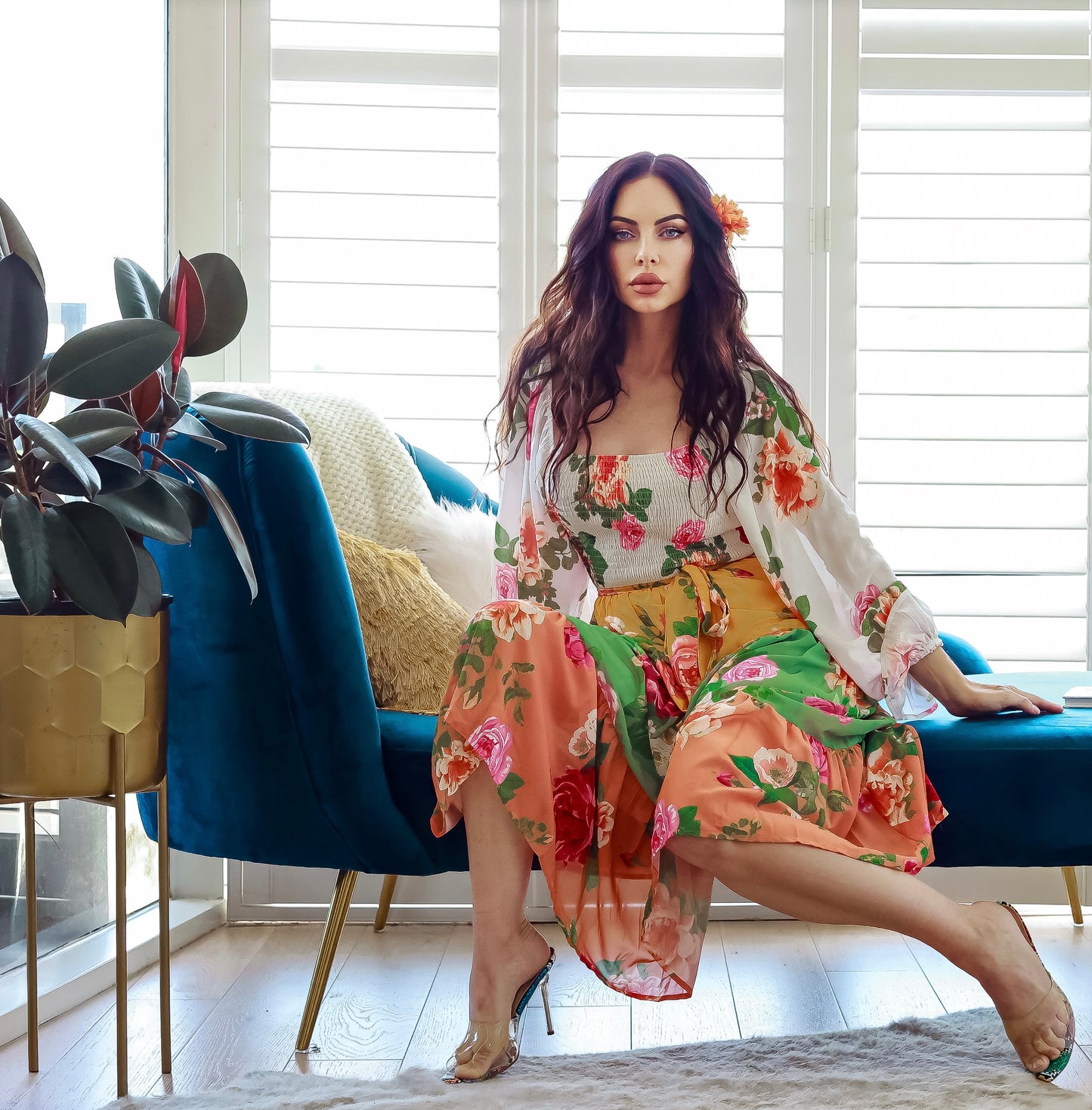 Tiered Midi Dress With Sleeves: Garden of Roses Floral Print