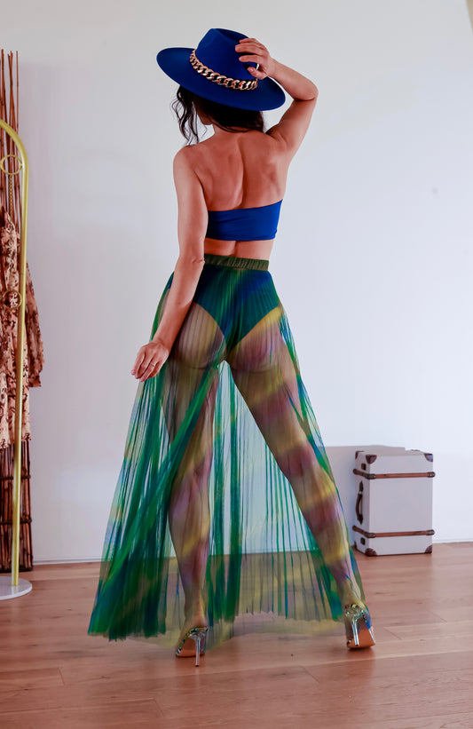Diva Energy Rainbow Pleated Maxi Mesh Sheer Skirt & Bandeau Top Set