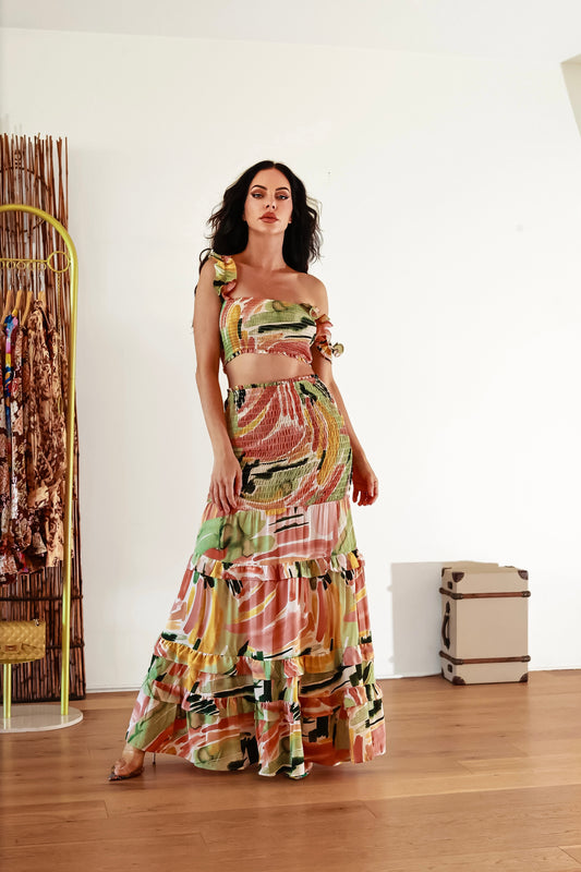 Crop Top And Maxi Skirt Set: Bali Dream Abstract Print Smocked Tiered