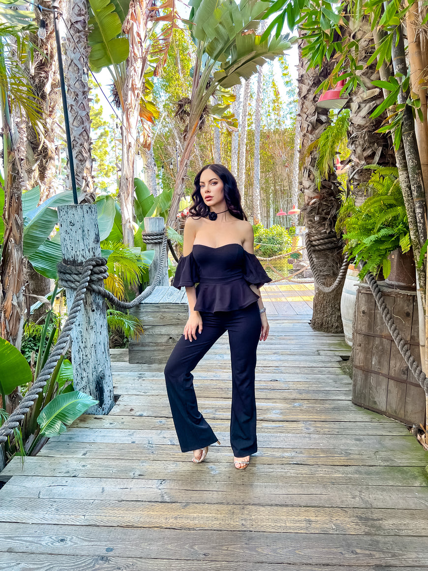 Off The Shoulder Peplum Top & Flare Leg Jumpsuit: Talk To Me Nice