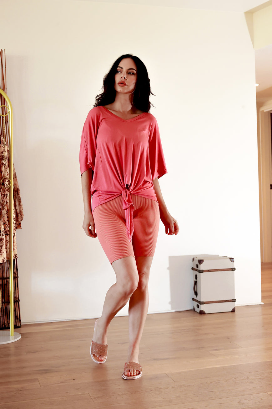 Ribbed Shorts Set: On The Go Front Tie Top in Desert Rose