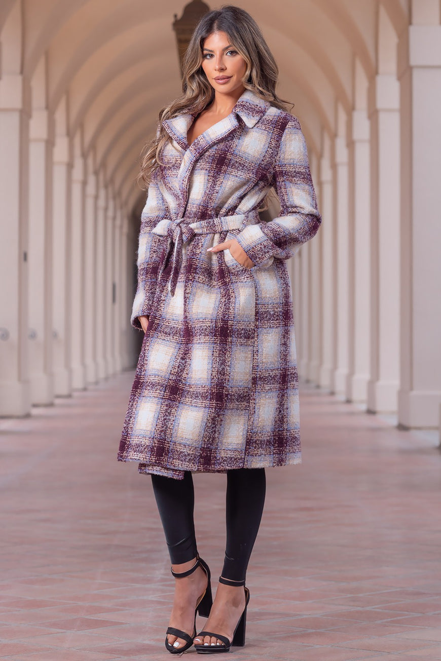 Plaid Perfection Belted Wool Long Tartan Tweed Coat