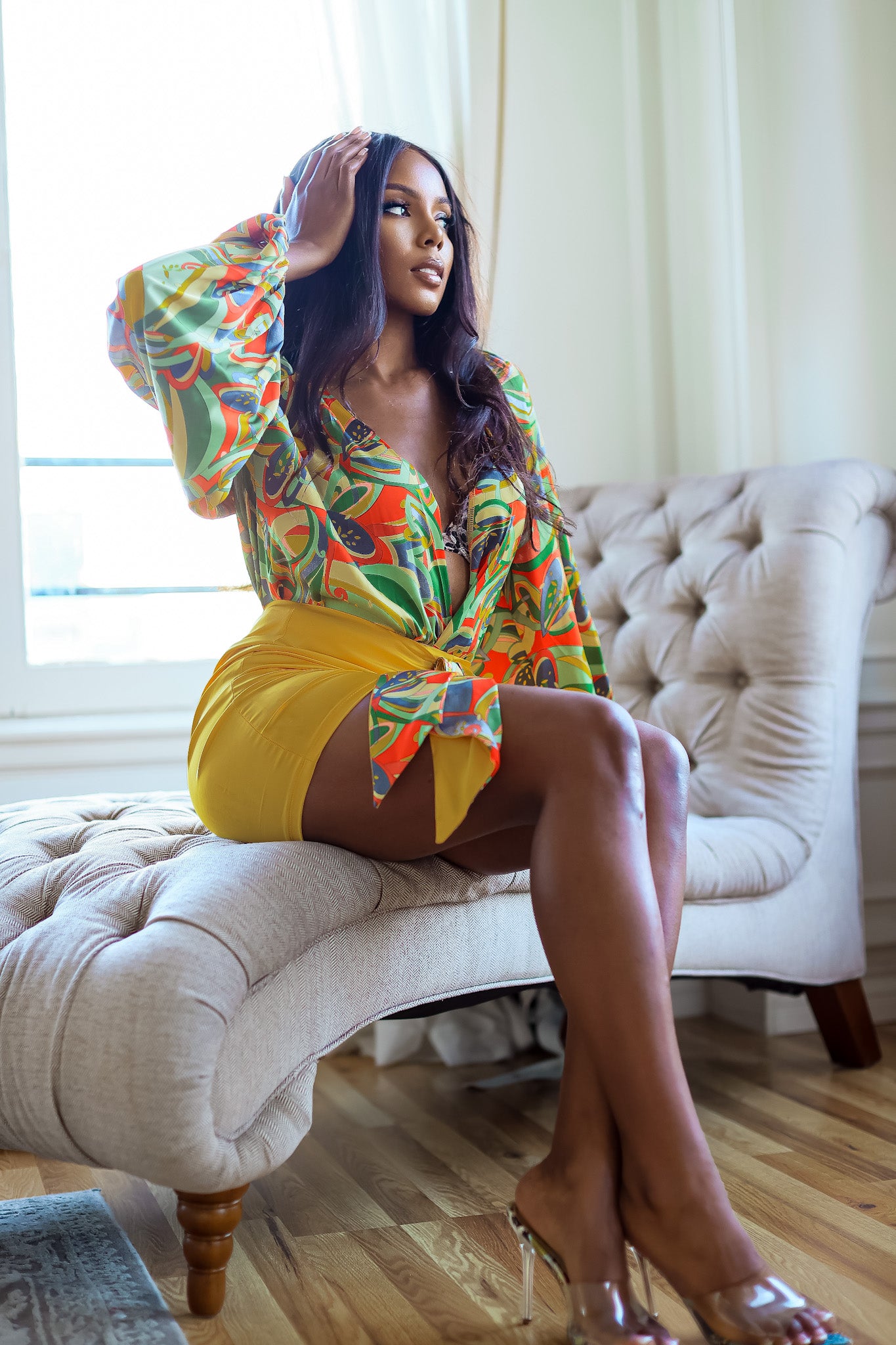 Bodysuit Skirt Set: Style & Grace Golden Opulence Block Satin Drape