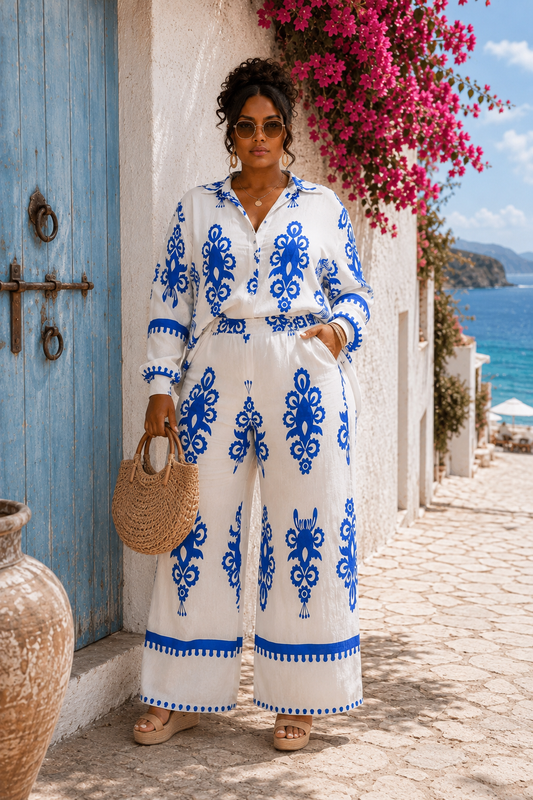 Plus Size Wide Leg Pant Set : Alluring Coastal Crush