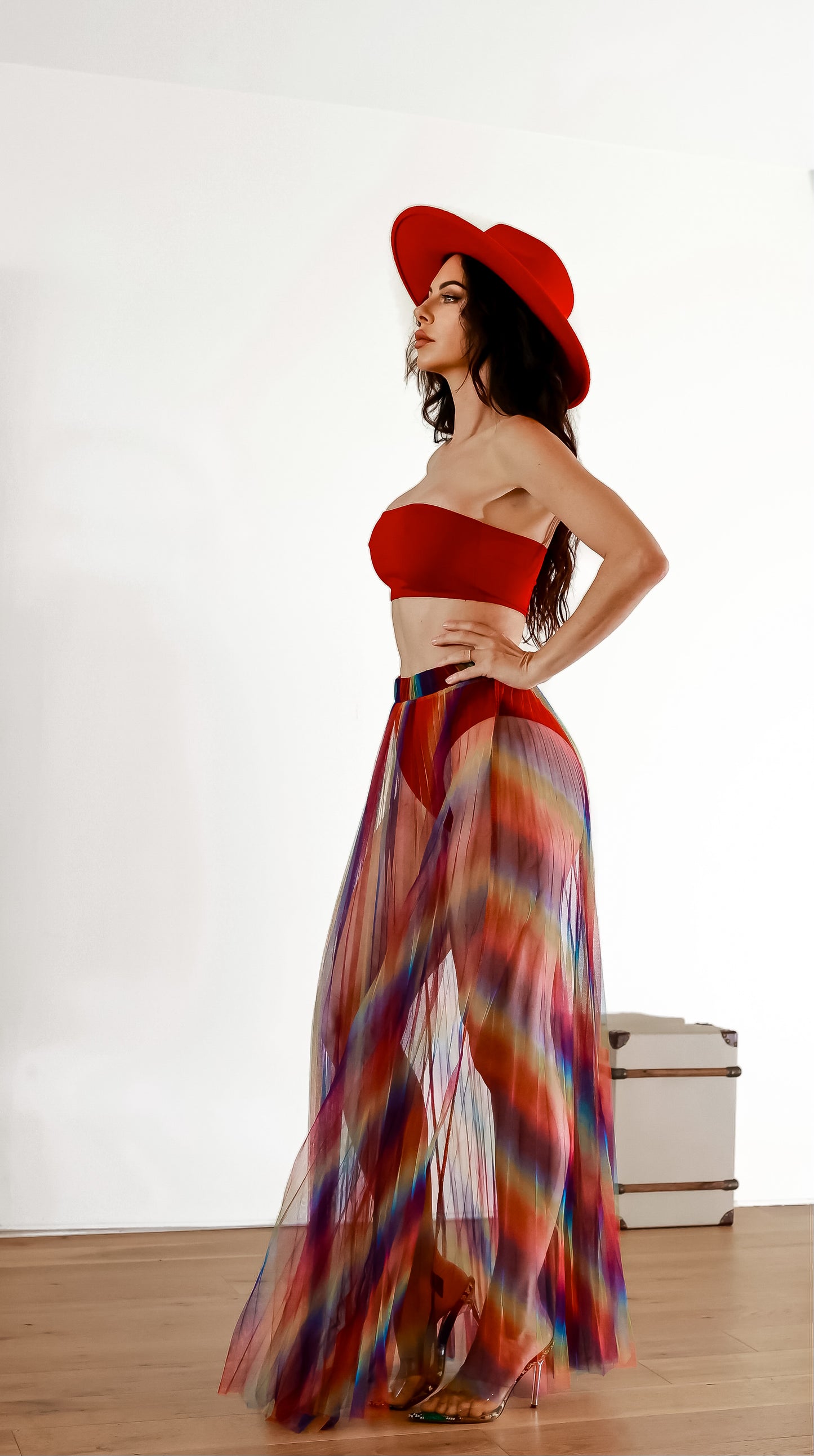 Maxi Sheer Skirt: Diva Energy Rainbow Pleated With Bandeau Top
