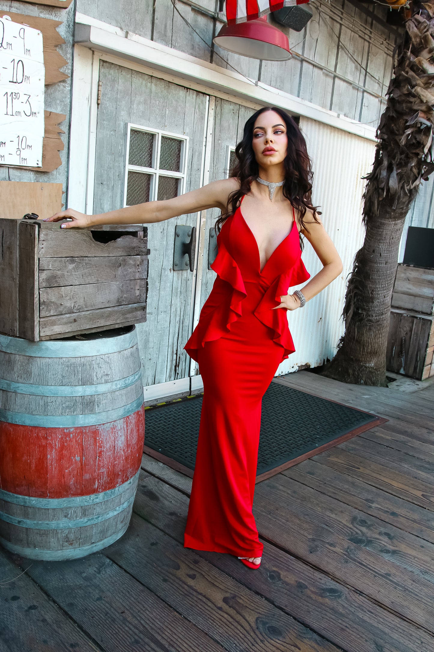 Sleeveless V-Neck Maxi Dress: Hollywood Glow Halter in Red