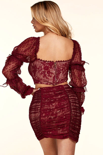 Mini Skirt Set: Velvet Red Wine Lace Elegance Mesh