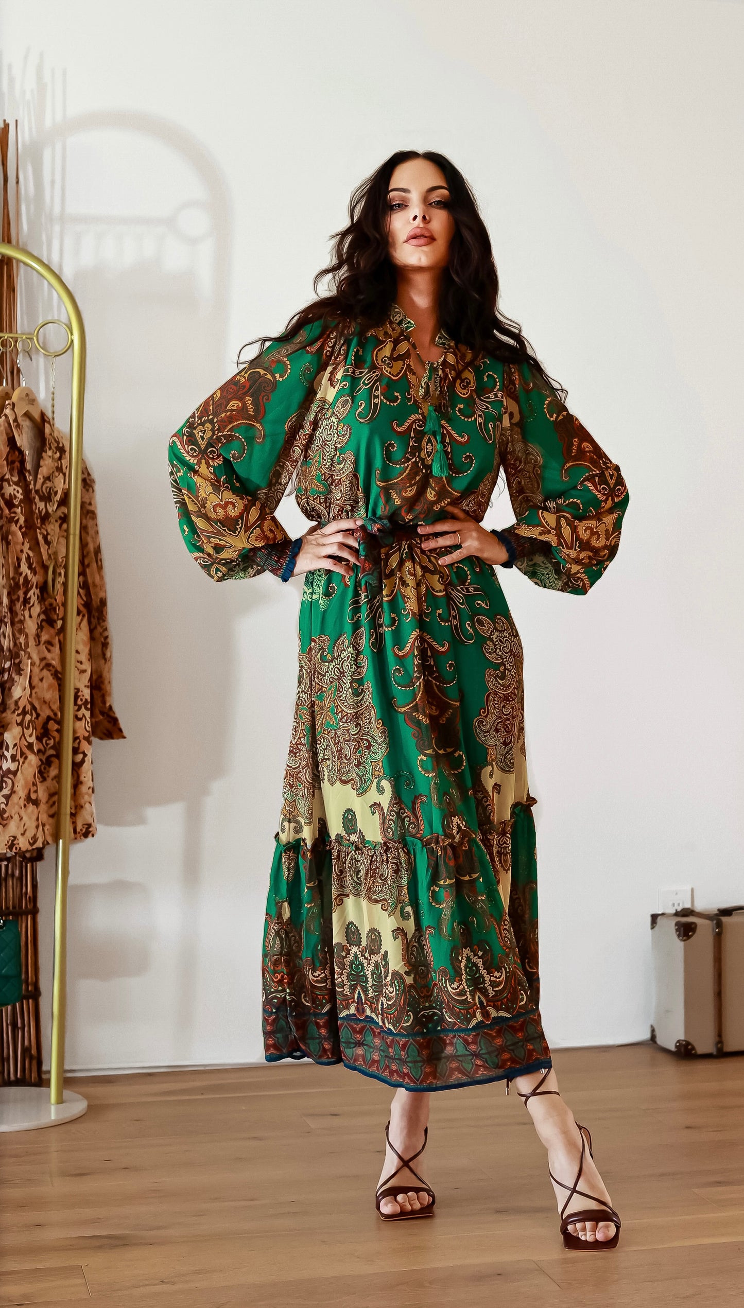Pleated Midi Dress: Bohemian Breeze With Long Sleeves