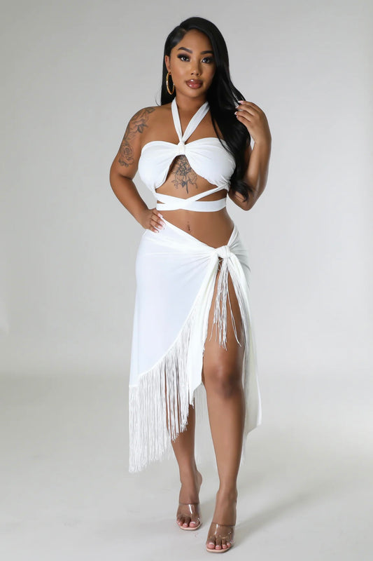 White Backless Halter Top & Wrap Set: Opulent Beach Oasis