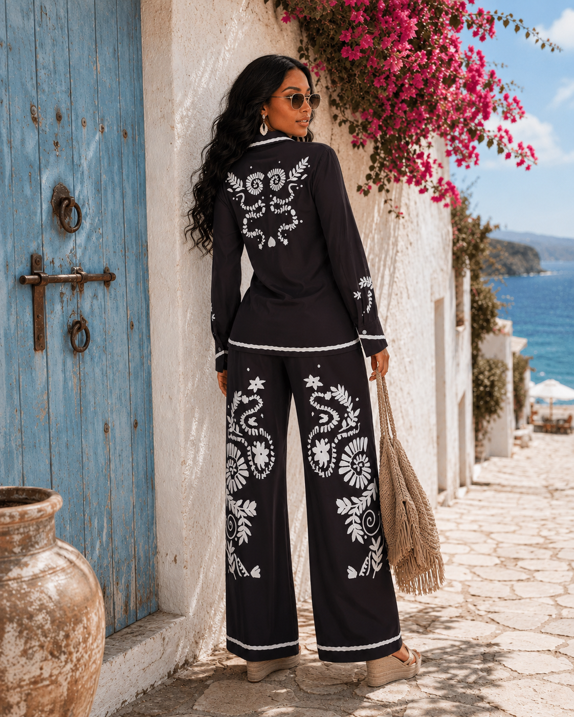 Wide Leg Print Elastic Waist Pant Set : Opposites Attract