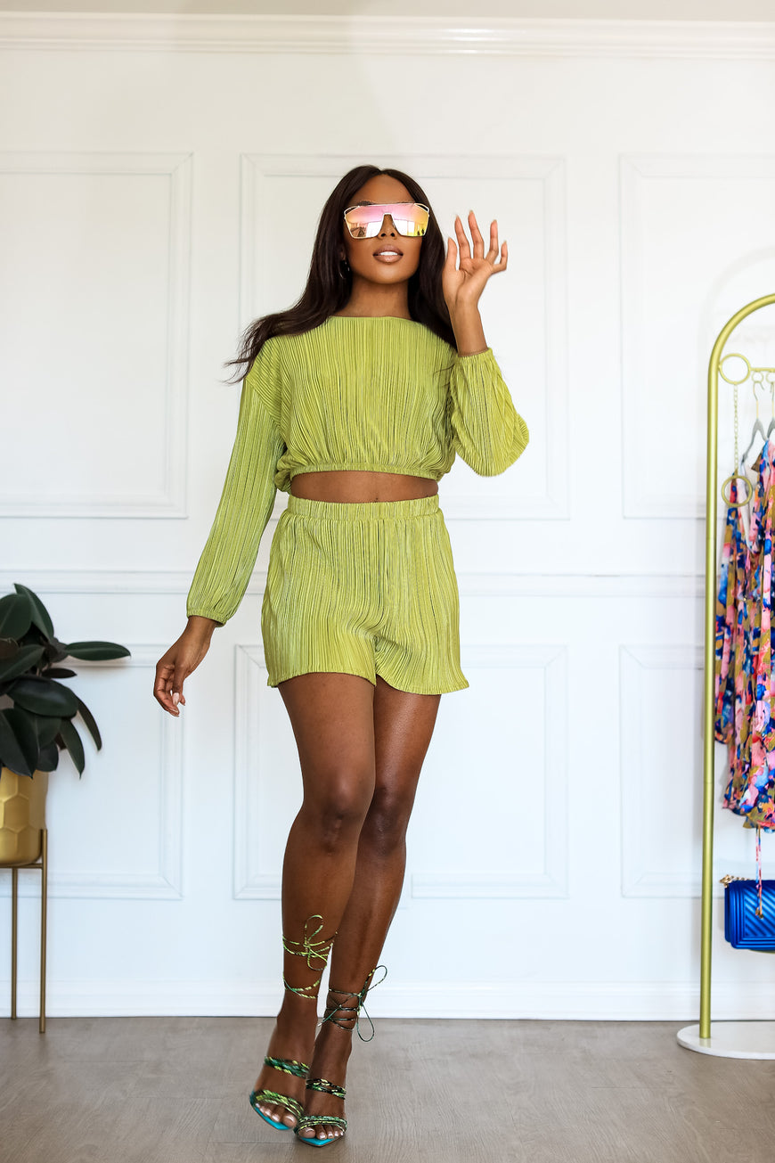 Dreamscape Green Olive Pleated Plisse Long Sleeve Top & Short Set