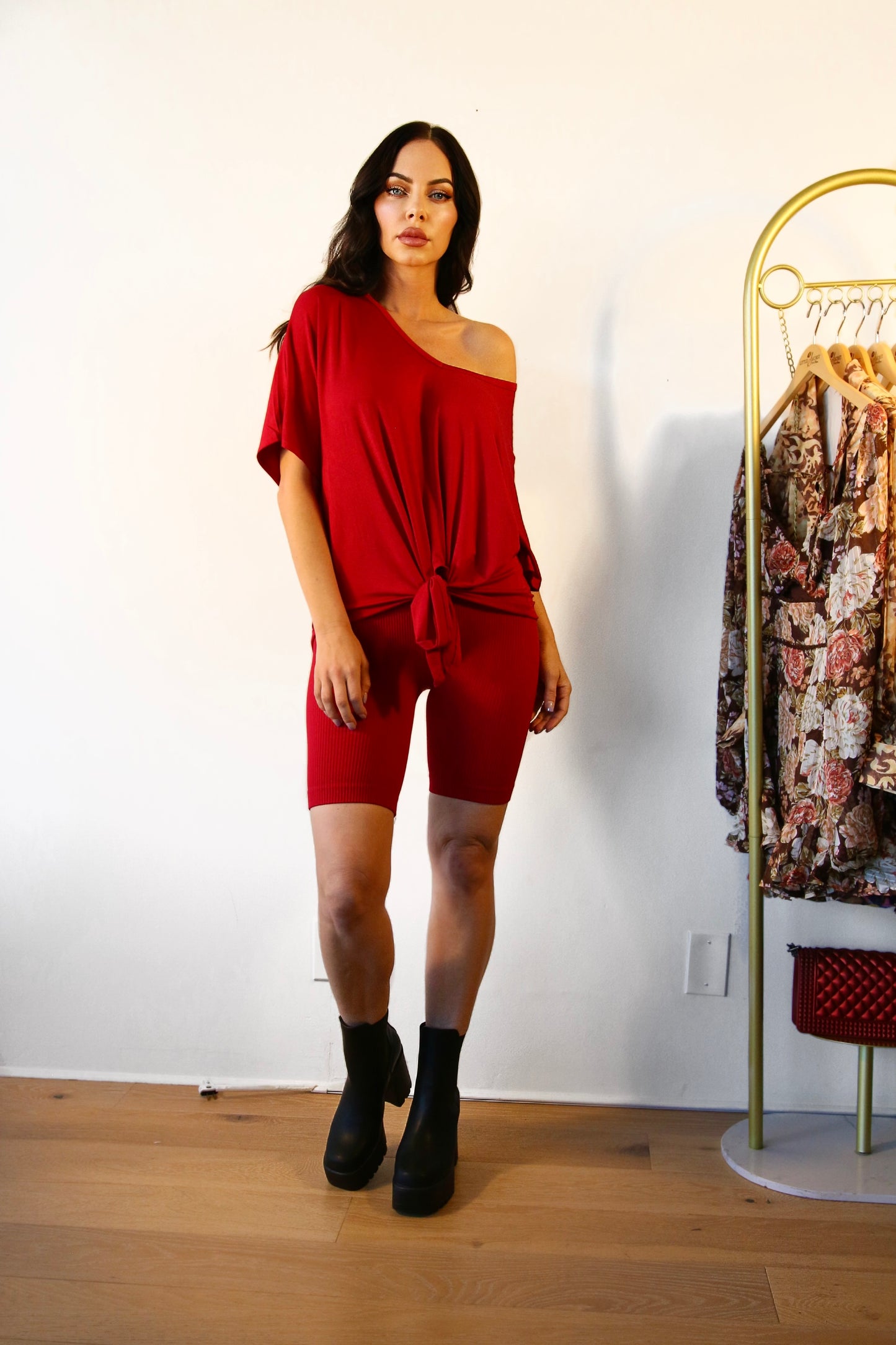 Ribbed Shorts Set: On The Go Front Tie Top in Burgundy