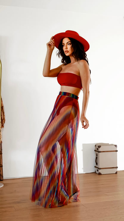 Maxi Sheer Skirt: Diva Energy Rainbow Pleated With Bandeau Top