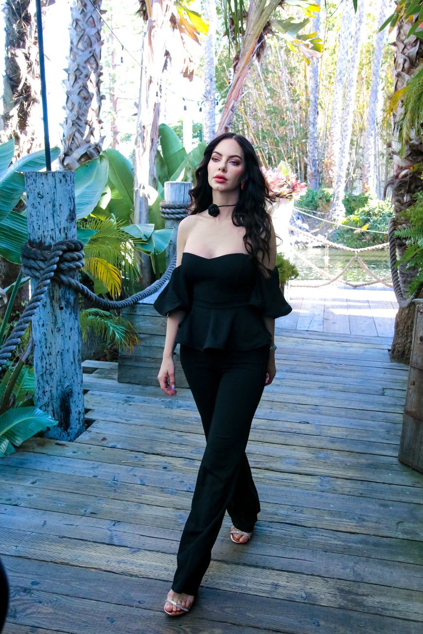 Off The Shoulder Peplum Top & Flare Leg Jumpsuit: Talk To Me Nice