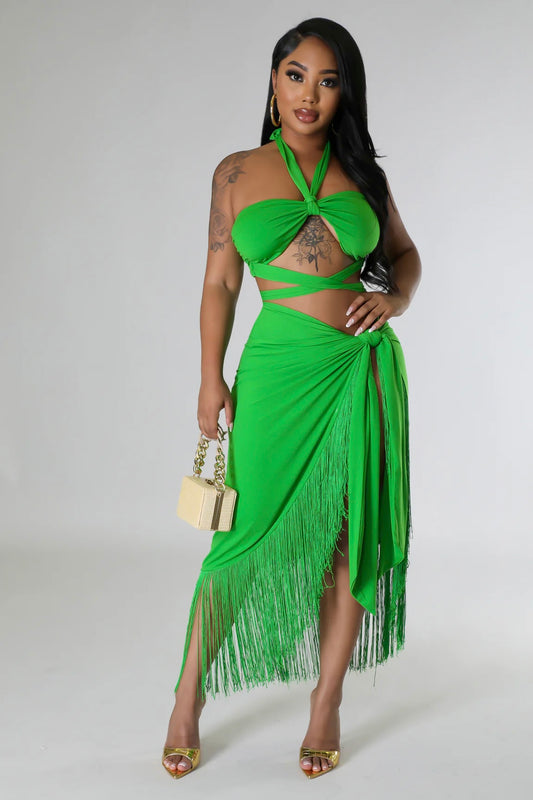 Backless Halter Top & Wrap Set: Emerald Oasis Green Fringe Wrap
