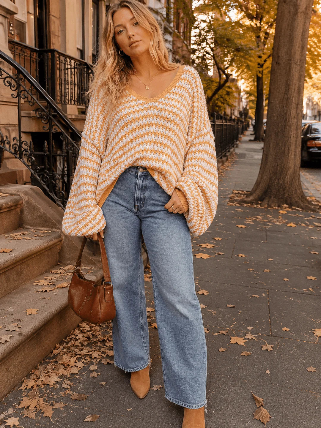 Balloon Long Sleeves Stripe Sweater: Sweet Like Honey