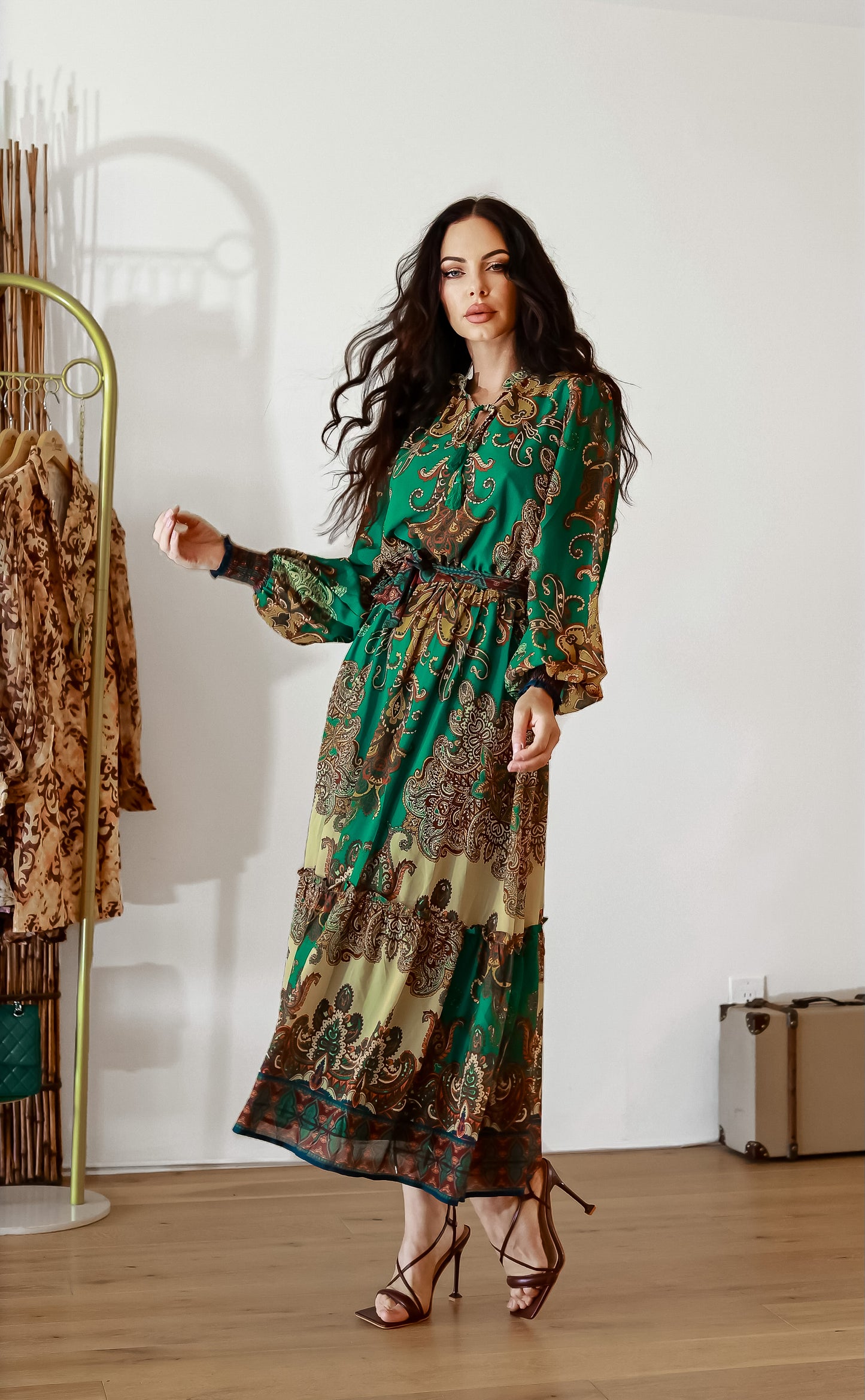 Pleated Midi Dress: Bohemian Breeze With Long Sleeves