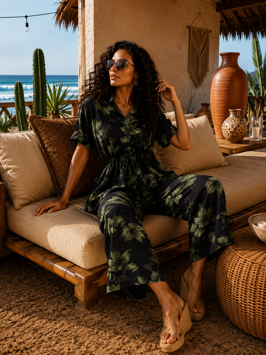 Short Sleeve Blouse & Elastic Waist Pockets Pants 2-Piece Set: Gone Wild Capri Colorblock Pants Set