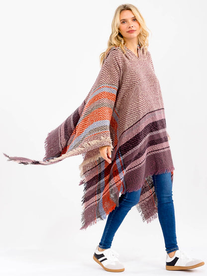 Boho Long Sleeve V-Neck Hooded Plaid Poncho Pullover