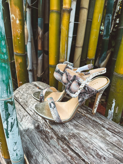 Round Toe Heels with Buckles: Jungle Fever Snakeskin Ankle Straps