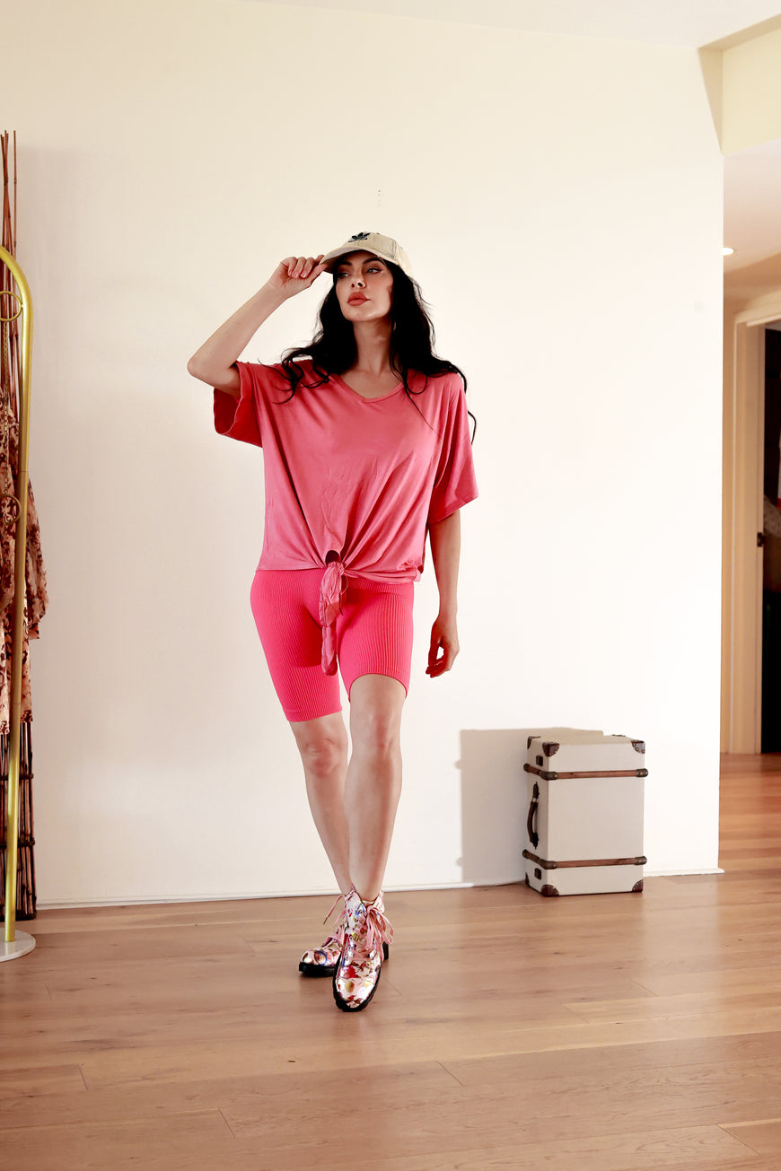 Ribbed Shorts Set: On The Go Front Tie Top in Desert Rose