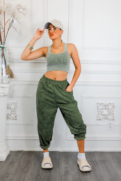 Olive Ribbed Cropped Top & CorduroyPocket Front Pants Set: Hung Up On You
