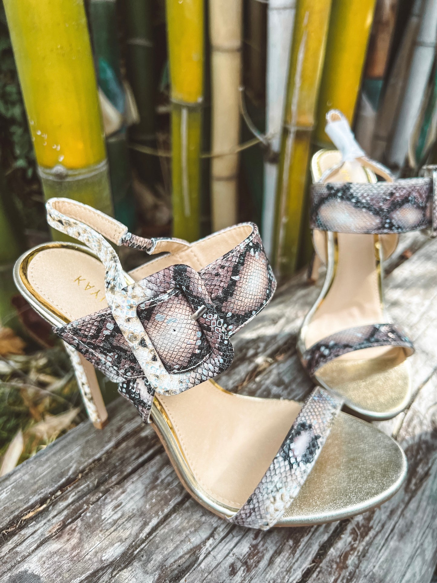 Round Toe Heels with Buckles: Jungle Fever Snakeskin Ankle Straps
