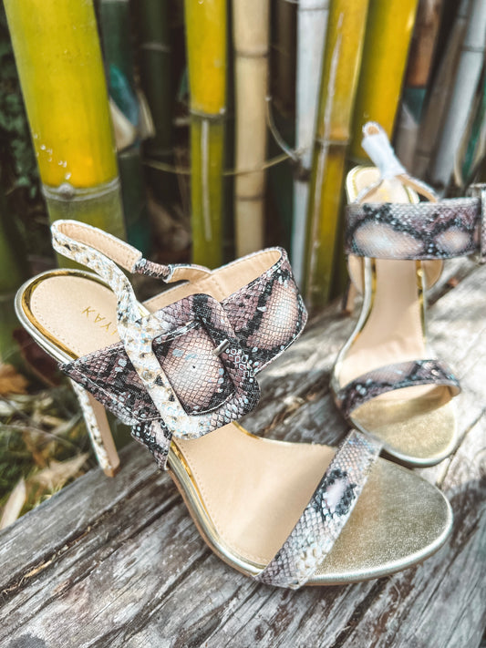 Round Toe Heels with Buckles: Jungle Fever Snakeskin Ankle Straps
