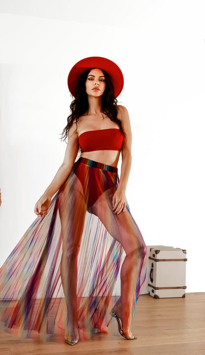 Maxi Sheer Skirt: Diva Energy Rainbow Pleated With Bandeau Top