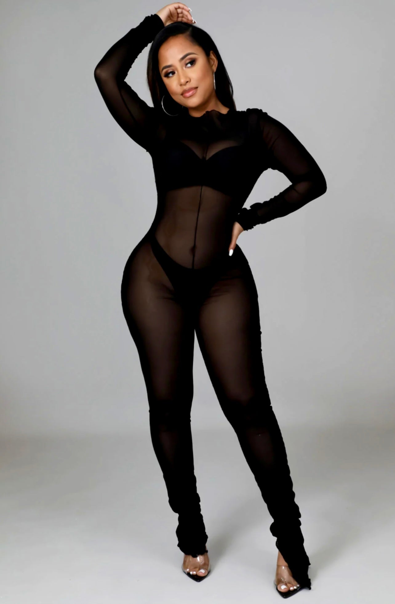 Sheer Jumpsuit Long Sleeve: Seductive Ruched Wrap Skirt in Black