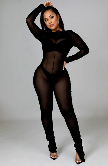 Sheer Jumpsuit Long Sleeve: Seductive Ruched Wrap Skirt in Black