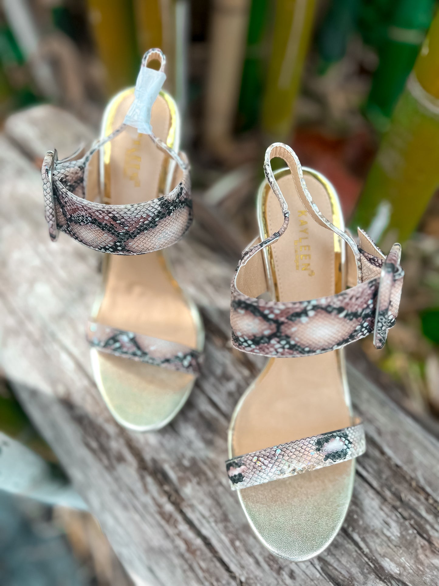 Round Toe Heels with Buckles: Jungle Fever Snakeskin Ankle Straps