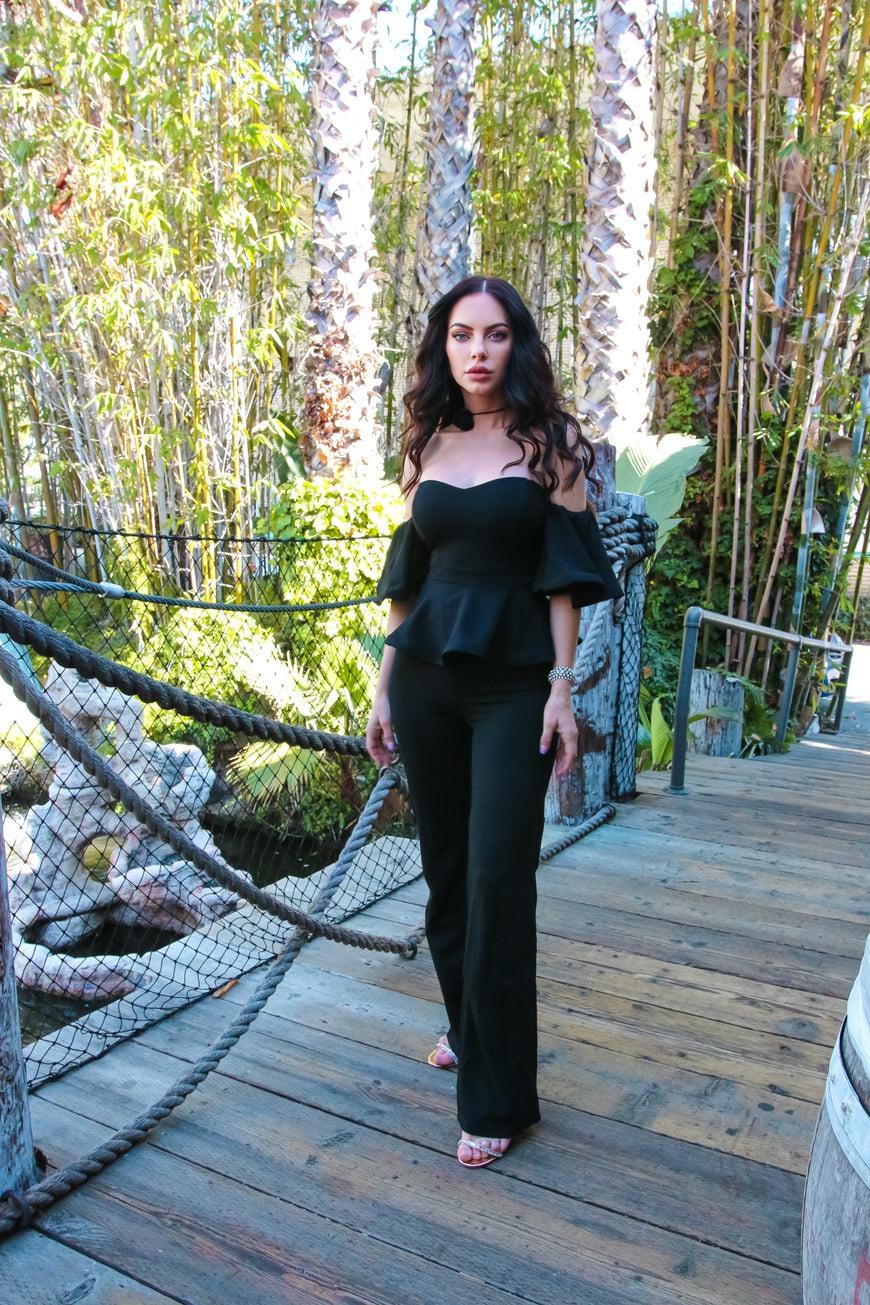 Off The Shoulder Peplum Top & Flare Leg Jumpsuit: Talk To Me Nice