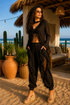 Black Floral Lace Studded 2-Piece Set: Midnight Romance Long Sleeve Blouse & Elastic Waist Pant
