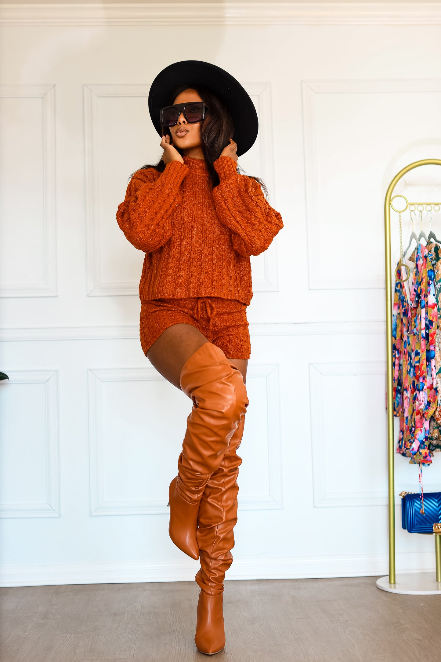 Knitted Shorts Set & Jumper: Hot to Handle Cable Knitted in Rust