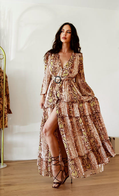 Snake Print Maxi Dress: Wild Savannah With Slit And Long Sleeves
