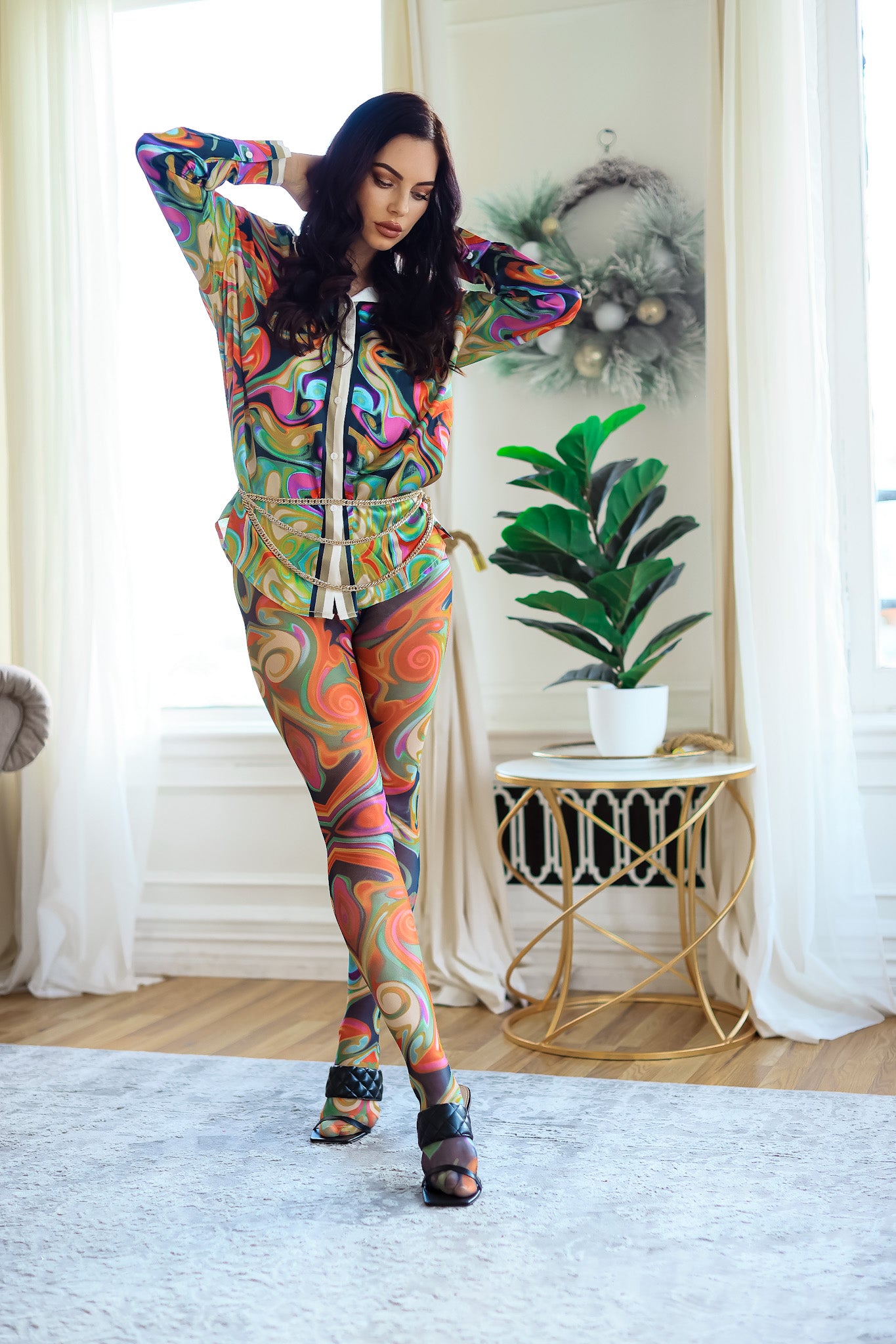 Button Down Shirt and Mesh Printed Scarf Leggings Set: Rule Breaker