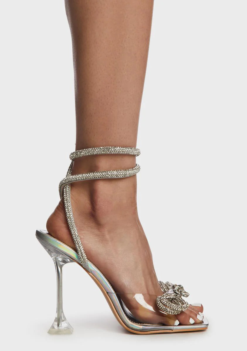 Take A Bow Diamond Ankle-Strap Square-Toe Clear Stiletto Heels