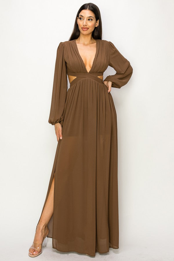 Cut Out Maxi Dress: Malibu Sunset Plunging V With Long Sleeves