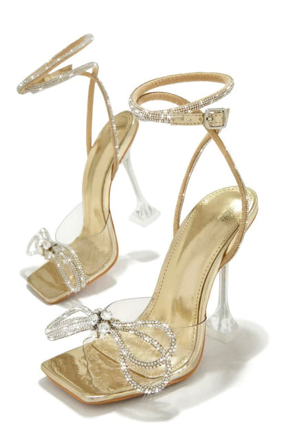 Transparent Stiletto Heels Square-Toe: Diamond Ankle-Strap