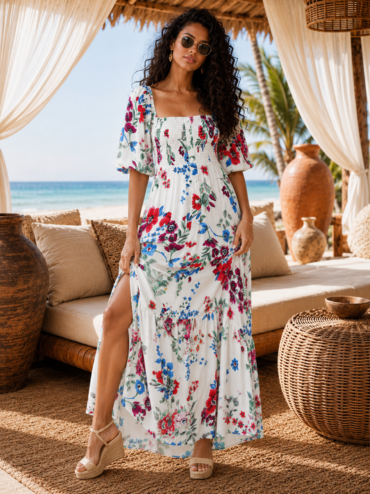 Floral Tiered Maxi Dress : Sweet Fantasy | Short Sleeve Square Neck Smocked Button-Up Maxi Dress