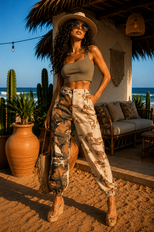 Camo Cargo Pockets Print Joggers: Weekend Warrior Button Closure Denim Pants