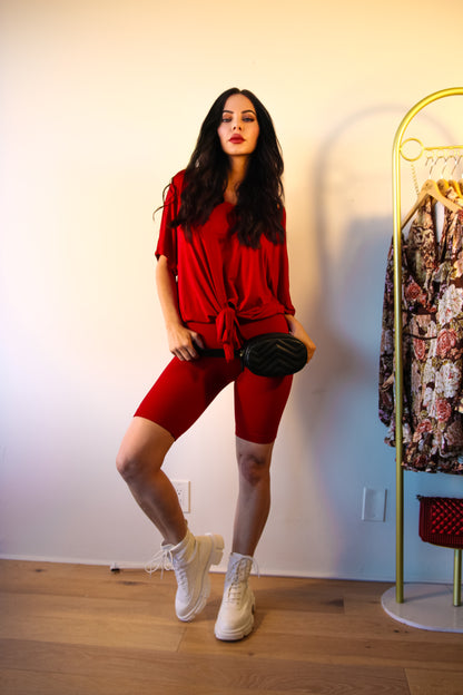 Ribbed Shorts Set: On The Go Front Tie Top in Burgundy
