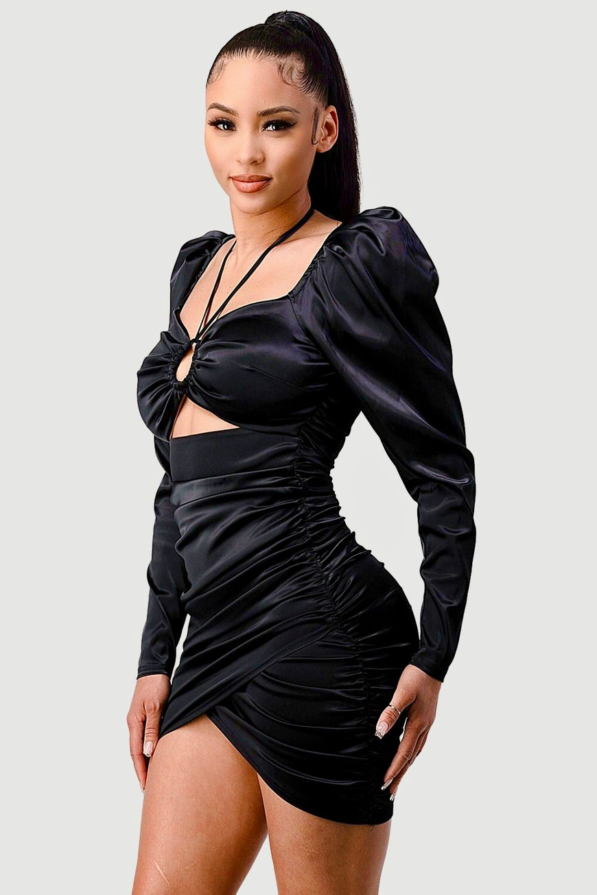 Glam Life Satin Front Tie Keyhole Ruched Mini Dress