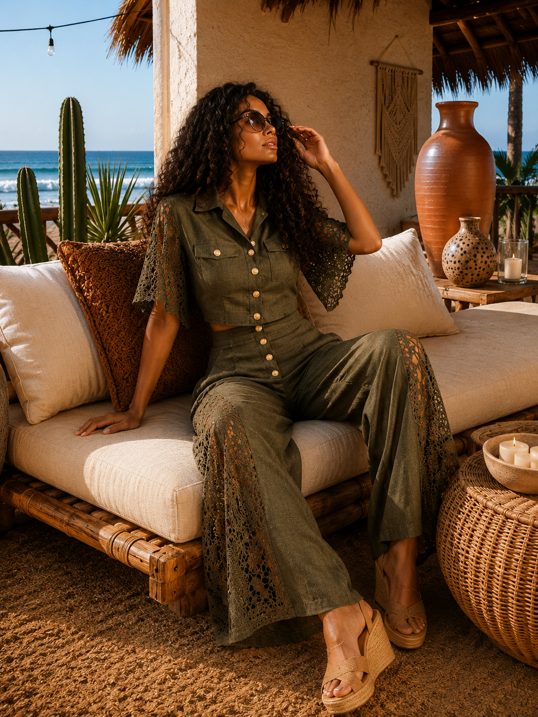 Lace Detail Button Up Crop Top & Wide Leg Pants Set: Olive You Forever