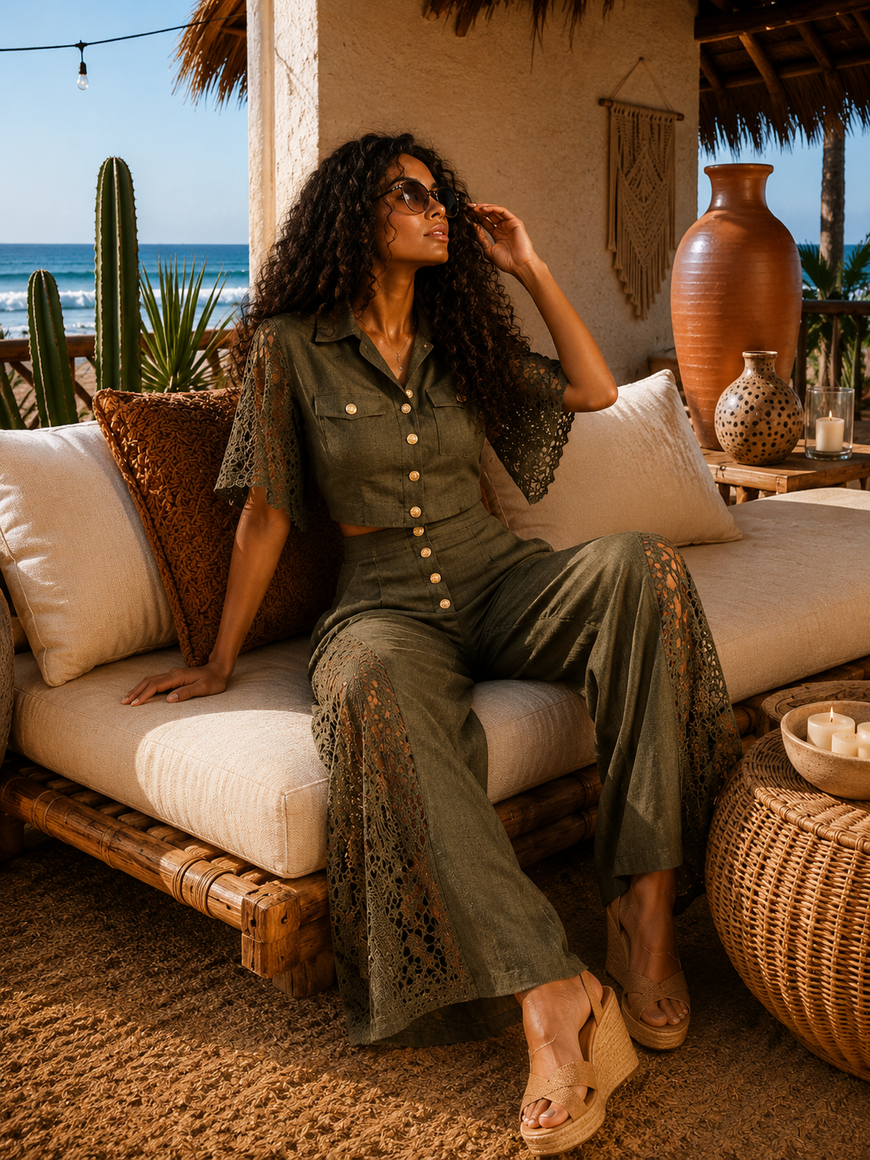 Lace Detail Button Up Crop Top & Wide Leg Pants Set: Olive You Forever