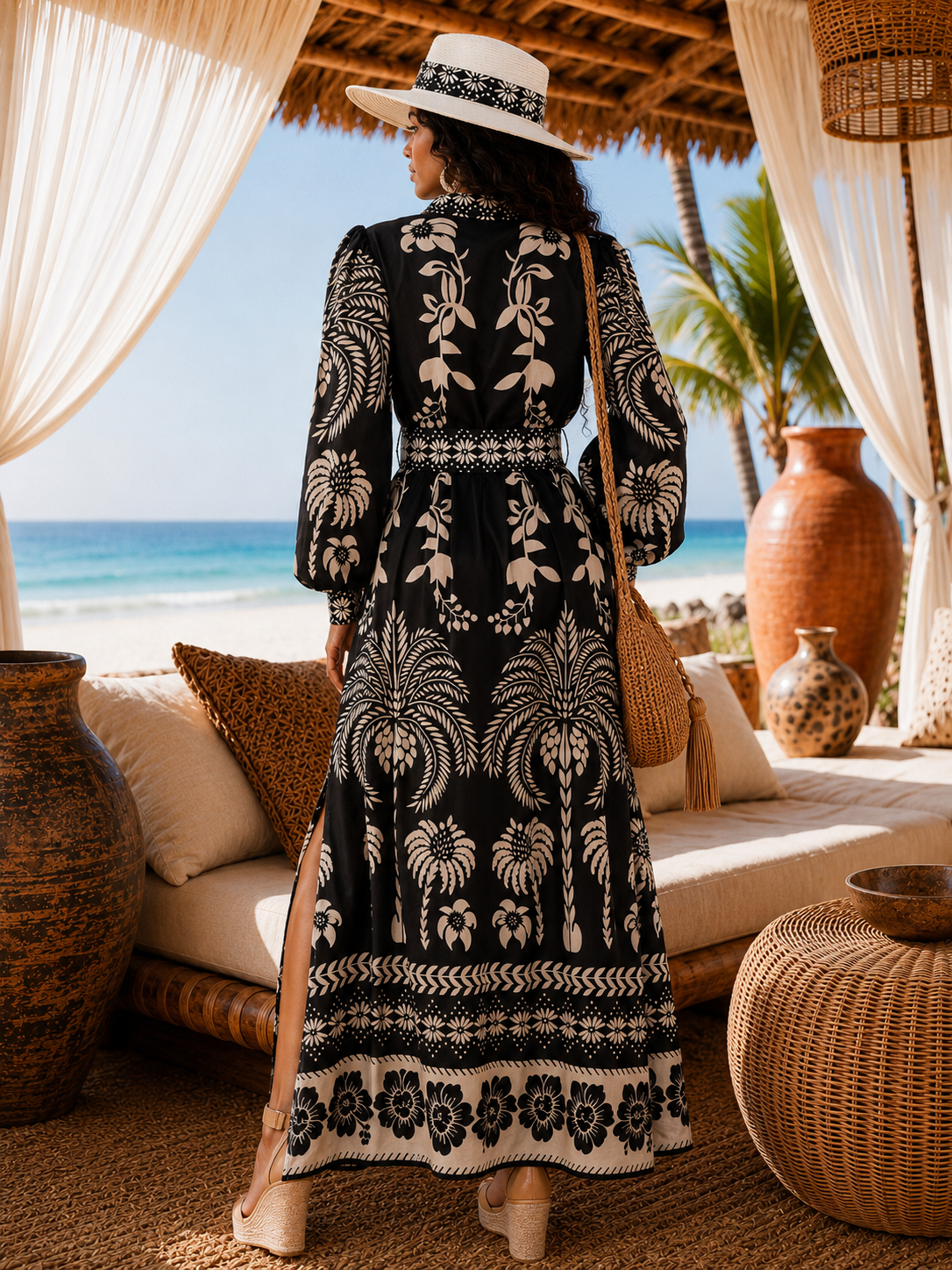 Long Sleeve Floral Maxi Dress : Tropic Tango | V-Neck Button-Up Belted Floral Print Maxi Dress
